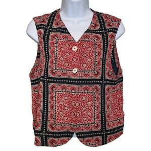 Vintage Lizsport Womens Red Black Paisley Print Sleeveless Vest Size S Patchwork